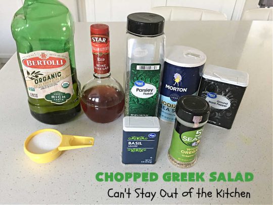 Chopped Greek Salad | Can't Stay Out of the Kitchen | this fantastic #GreekSalad #recipe includes #FetaCheese, #KalamataOlives, #MildPepperRings, #chickpeas, #tomatoes & #cucumber in a delicious & easy homemade #GreekSaladDressing. Fantastic for company or #holiday dinners. #GlutenFree #salad #ChoppedGreekSalad