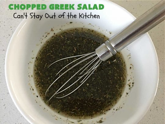 Chopped Greek Salad | Can't Stay Out of the Kitchen | this fantastic #GreekSalad #recipe includes #FetaCheese, #KalamataOlives, #MildPepperRings, #chickpeas, #tomatoes & #cucumber in a delicious & easy homemade #GreekSaladDressing. Fantastic for company or #holiday dinners. #GlutenFree #salad #ChoppedGreekSalad