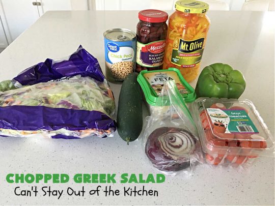 Chopped Greek Salad | Can't Stay Out of the Kitchen | this fantastic #GreekSalad #recipe includes #FetaCheese, #KalamataOlives, #MildPepperRings, #chickpeas, #tomatoes & #cucumber in a delicious & easy homemade #GreekSaladDressing. Fantastic for company or #holiday dinners. #GlutenFree #salad #ChoppedGreekSalad