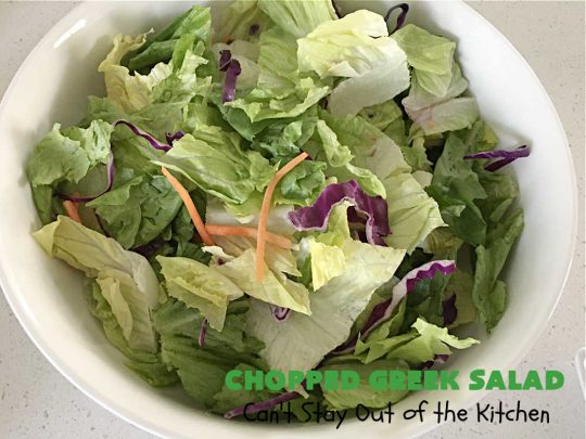 Chopped Greek Salad | Can't Stay Out of the Kitchen | this fantastic #GreekSalad #recipe includes #FetaCheese, #KalamataOlives, #MildPepperRings, #chickpeas, #tomatoes & #cucumber in a delicious & easy homemade #GreekSaladDressing. Fantastic for company or #holiday dinners. #GlutenFree #salad #ChoppedGreekSalad