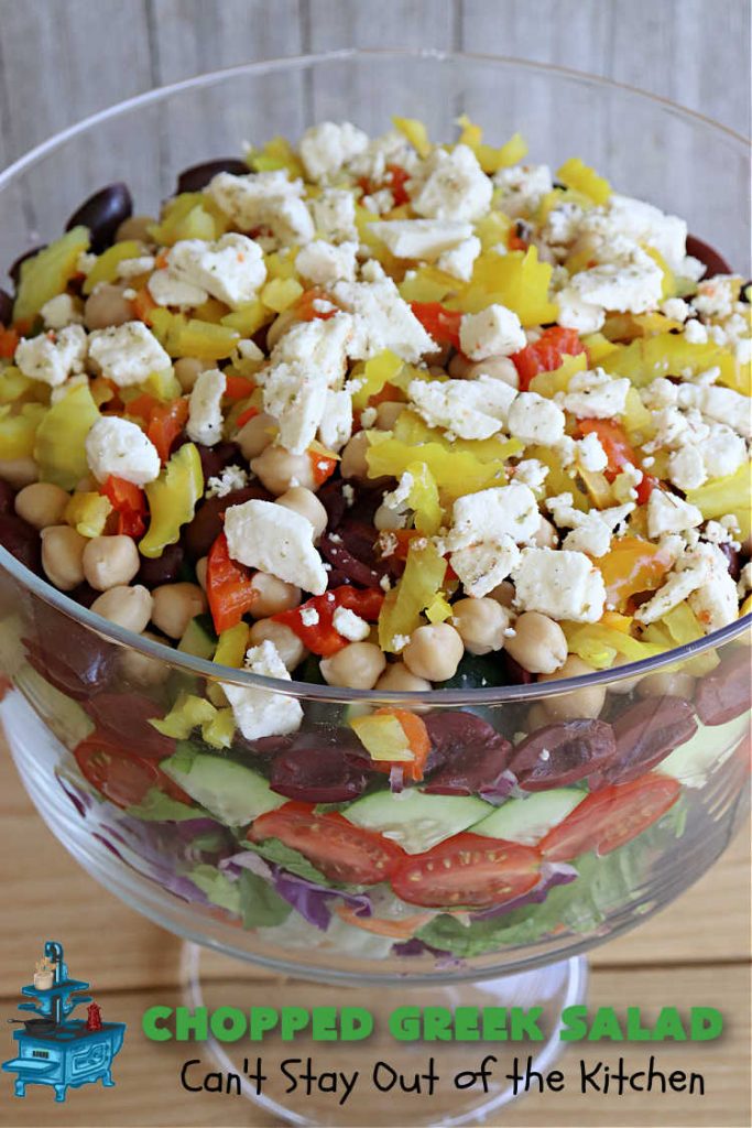 Chopped Greek Salad | Can't Stay Out of the Kitchen | this fantastic #GreekSalad #recipe includes #FetaCheese, #KalamataOlives, #MildPepperRings, #chickpeas, #tomatoes & #cucumber in a delicious & easy homemade #GreekSaladDressing. Fantastic for company or #holiday dinners. #GlutenFree #salad #ChoppedGreekSalad