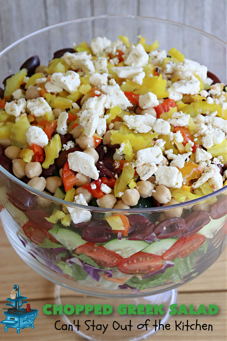 Chopped Greek Salad | Can't Stay Out of the Kitchen | this fantastic #GreekSalad #recipe includes #FetaCheese, #KalamataOlives, #MildPepperRings, #chickpeas, #tomatoes & #cucumber in a delicious & easy homemade #GreekSaladDressing. Fantastic for company or #holiday dinners. #GlutenFree #salad #ChoppedGreekSalad