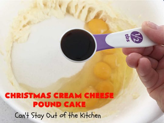 Christmas Cream Cheese Pound Cake | Can't Stay Out of the Kitchen | this luscious #PoundCake is made with #CreamCheese & #ParadiseFruitCompany's #CandiedPineapple. It's absolutely amazing. The #icing has #PineappleExtract so it pops with flavor. Great for #holiday parties & get-togethers. #Paradise #ParadiseFruitCo #dessert #Cake #HolidayDessert #PineappleDessert #Christmas #ChristmasCreamCheesePoundCake