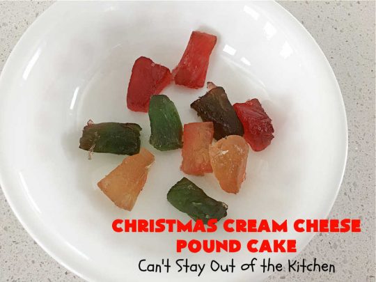 Christmas Cream Cheese Pound Cake | Can't Stay Out of the Kitchen | this luscious #PoundCake is made with #CreamCheese & #ParadiseFruitCompany's #CandiedPineapple. It's absolutely amazing. The #icing has #PineappleExtract so it pops with flavor. Great for #holiday parties & get-togethers. #Paradise #ParadiseFruitCo #dessert #Cake #HolidayDessert #PineappleDessert #Christmas #ChristmasCreamCheesePoundCake