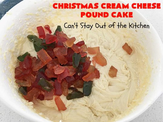 Christmas Cream Cheese Pound Cake | Can't Stay Out of the Kitchen | this luscious #PoundCake is made with #CreamCheese & #ParadiseFruitCompany's #CandiedPineapple. It's absolutely amazing. The #icing has #PineappleExtract so it pops with flavor. Great for #holiday parties & get-togethers. #Paradise #ParadiseFruitCo #dessert #Cake #HolidayDessert #PineappleDessert #Christmas #ChristmasCreamCheesePoundCake
