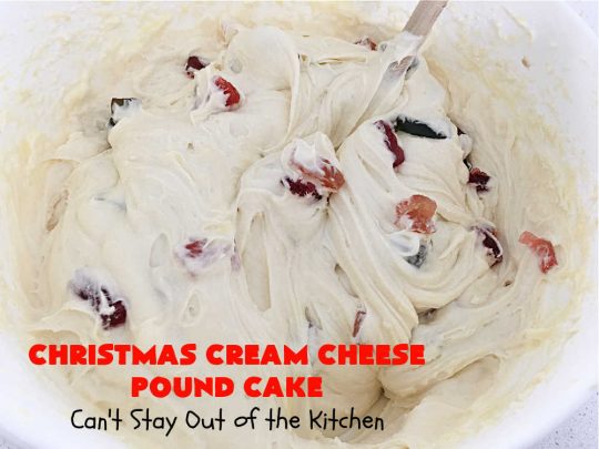 Christmas Cream Cheese Pound Cake | Can't Stay Out of the Kitchen | this luscious #PoundCake is made with #CreamCheese & #ParadiseFruitCompany's #CandiedPineapple. It's absolutely amazing. The #icing has #PineappleExtract so it pops with flavor. Great for #holiday parties & get-togethers. #Paradise #ParadiseFruitCo #dessert #Cake #HolidayDessert #PineappleDessert #Christmas #ChristmasCreamCheesePoundCake