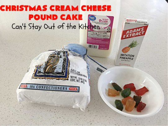 Christmas Cream Cheese Pound Cake | Can't Stay Out of the Kitchen | this luscious #PoundCake is made with #CreamCheese & #ParadiseFruitCompany's #CandiedPineapple. It's absolutely amazing. The #icing has #PineappleExtract so it pops with flavor. Great for #holiday parties & get-togethers. #Paradise #ParadiseFruitCo #dessert #Cake #HolidayDessert #PineappleDessert #Christmas #ChristmasCreamCheesePoundCake