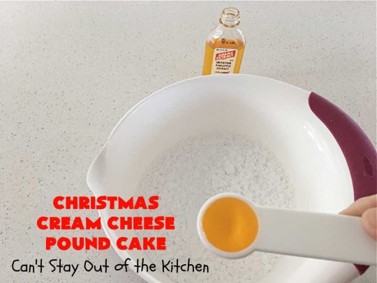 Christmas Cream Cheese Pound Cake | Can't Stay Out of the Kitchen | this luscious #PoundCake is made with #CreamCheese & #ParadiseFruitCompany's #CandiedPineapple. It's absolutely amazing. The #icing has #PineappleExtract so it pops with flavor. Great for #holiday parties & get-togethers. #Paradise #ParadiseFruitCo #dessert #Cake #HolidayDessert #PineappleDessert #Christmas #ChristmasCreamCheesePoundCake