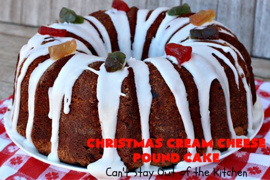 Christmas Cream Cheese Pound Cake | Can't Stay Out of the Kitchen | this luscious #PoundCake is made with #CreamCheese & #ParadiseFruitCompany's #CandiedPineapple. It's absolutely amazing. The #icing has #PineappleExtract so it pops with flavor. Great for #holiday parties & get-togethers. #Paradise #ParadiseFruitCo #dessert #Cake #HolidayDessert #PineappleDessert #Christmas #ChristmasCreamCheesePoundCake