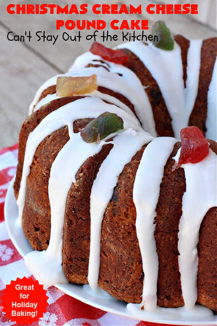 Christmas Cream Cheese Pound Cake | Can't Stay Out of the Kitchen | this luscious #PoundCake is made with #CreamCheese & #ParadiseFruitCompany's #CandiedPineapple. It's absolutely amazing. The #icing has #PineappleExtract so it pops with flavor. Great for #holiday parties & get-togethers. #Paradise #ParadiseFruitCo #dessert #Cake #HolidayDessert #PineappleDessert #Christmas #ChristmasCreamCheesePoundCakeChristmas Cream Cheese Pound Cake | Can't Stay Out of the Kitchen | this luscious #PoundCake is made with #CreamCheese & #ParadiseFruitCompany's #CandiedPineapple. It's absolutely amazing. The #icing has #PineappleExtract so it pops with flavor. Great for #holiday parties & get-togethers. #Paradise #ParadiseFruitCo #dessert #Cake #HolidayDessert #PineappleDessert #Christmas #ChristmasCreamCheesePoundCake
