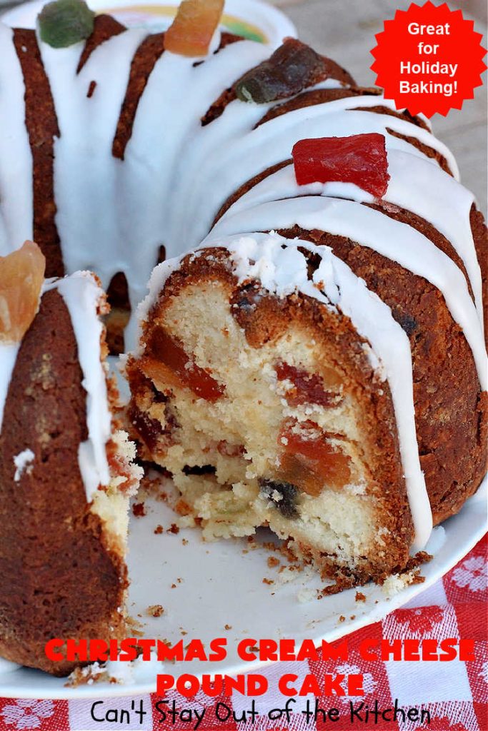 Christmas Cream Cheese Pound Cake | Can't Stay Out of the Kitchen | this luscious #PoundCake is made with #CreamCheese & #ParadiseFruitCompany's #CandiedPineapple. It's absolutely amazing. The #icing has #PineappleExtract so it pops with flavor. Great for #holiday parties & get-togethers. #Paradise #ParadiseFruitCo #dessert #Cake #HolidayDessert #PineappleDessert #Christmas #ChristmasCreamCheesePoundCake