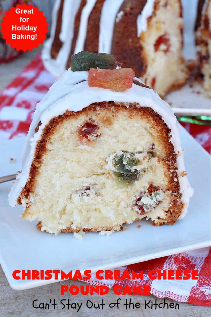 Christmas Cream Cheese Pound Cake | Can't Stay Out of the Kitchen | this luscious #PoundCake is made with #CreamCheese & #ParadiseFruitCompany's #CandiedPineapple. It's absolutely amazing. The #icing has #PineappleExtract so it pops with flavor. Great for #holiday parties & get-togethers. #Paradise #ParadiseFruitCo #dessert #Cake #HolidayDessert #PineappleDessert #Christmas #ChristmasCreamCheesePoundCake