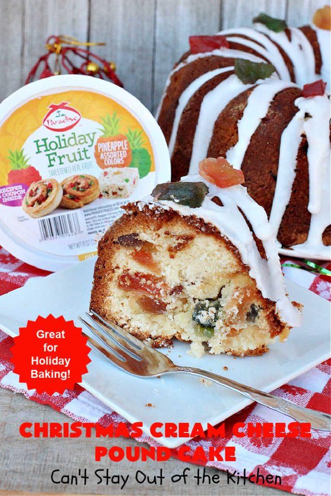 Christmas Cream Cheese Pound Cake | Can't Stay Out of the Kitchen | this luscious #PoundCake is made with #CreamCheese & #ParadiseFruitCompany's #CandiedPineapple. It's absolutely amazing. The #icing has #PineappleExtract so it pops with flavor. Great for #holiday parties & get-togethers. #Paradise #ParadiseFruitCo #dessert #Cake #HolidayDessert #PineappleDessert #Christmas #ChristmasCreamCheesePoundCake