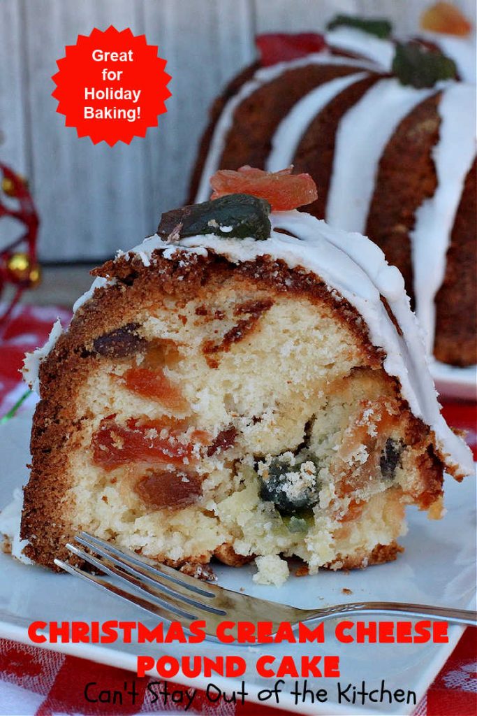 Christmas Cream Cheese Pound Cake | Can't Stay Out of the Kitchen | this luscious #PoundCake is made with #CreamCheese & #ParadiseFruitCompany's #CandiedPineapple. It's absolutely amazing. The #icing has #PineappleExtract so it pops with flavor. Great for #holiday parties & get-togethers. #Paradise #ParadiseFruitCo #dessert #Cake #HolidayDessert #PineappleDessert #Christmas #ChristmasCreamCheesePoundCake