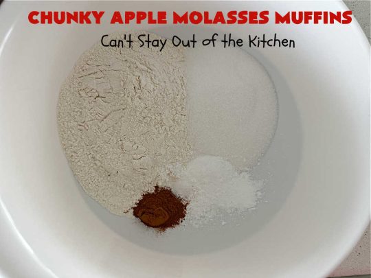 Chunky Apple Molasses Muffins | Can't Stay Out of the Kitchen | #ChunkyAppleMolassesMuffins is a #vintage-style down-home #recipe that's perfect to #spice up your day! These lovely #muffins include chunks of #apple, #molasses and #cinnamon providing texture & flavor that's hard to beat. Terrific for a weekend, company or #holiday #breakfast or #brunch. #AppleMuffins #BreakfastMuffins #MolassesMuffins