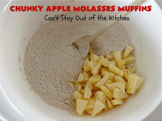 Chunky Apple Molasses Muffins | Can't Stay Out of the Kitchen | #ChunkyAppleMolassesMuffins is a #vintage-style down-home #recipe that's perfect to #spice up your day! These lovely #muffins include chunks of #apple, #molasses and #cinnamon providing texture & flavor that's hard to beat. Terrific for a weekend, company or #holiday #breakfast or #brunch. #AppleMuffins #BreakfastMuffins #MolassesMuffins