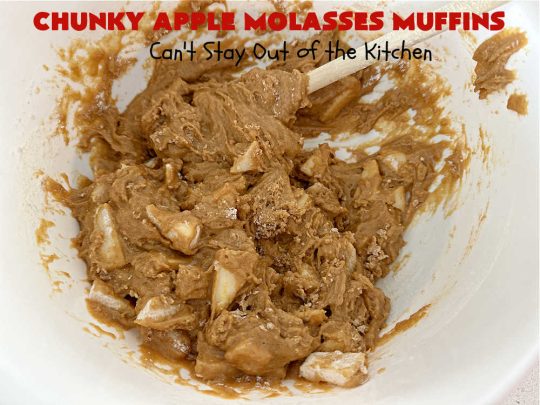 Chunky Apple Molasses Muffins | Can't Stay Out of the Kitchen | #ChunkyAppleMolassesMuffins is a #vintage-style down-home #recipe that's perfect to #spice up your day! These lovely #muffins include chunks of #apple, #molasses and #cinnamon providing texture & flavor that's hard to beat. Terrific for a weekend, company or #holiday #breakfast or #brunch. #AppleMuffins #BreakfastMuffins #MolassesMuffins