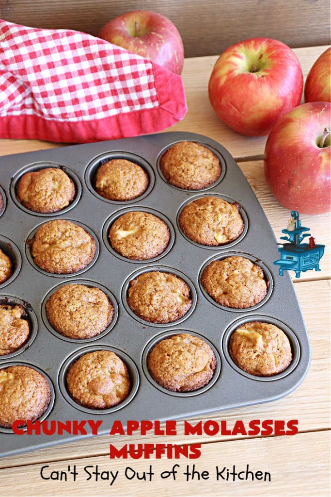 Chunky Apple Molasses Muffins | Can't Stay Out of the Kitchen | #ChunkyAppleMolassesMuffins is a #vintage-style down-home #recipe that's perfect to #spice up your day! These lovely #muffins include chunks of #apple, #molasses and #cinnamon providing texture & flavor that's hard to beat. Terrific for a weekend, company or #holiday #breakfast or #brunch. #AppleMuffins #BreakfastMuffins #MolassesMuffins