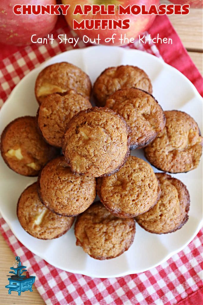 Chunky Apple Molasses Muffins | Can't Stay Out of the Kitchen | #ChunkyAppleMolassesMuffins is a #vintage-style down-home #recipe that's perfect to #spice up your day! These lovely #muffins include chunks of #apple, #molasses and #cinnamon providing texture & flavor that's hard to beat. Terrific for a weekend, company or #holiday #breakfast or #brunch. #AppleMuffins #BreakfastMuffins #MolassesMuffins