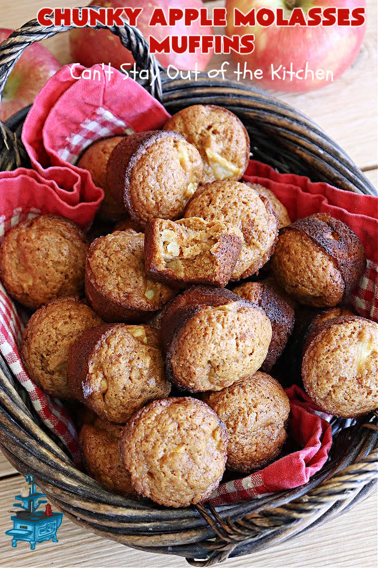 Chunky Apple Molasses Muffins | Can't Stay Out of the Kitchen | #ChunkyAppleMolassesMuffins is a #vintage-style down-home #recipe that's perfect to #spice up your day! These lovely #muffins include chunks of #apple, #molasses and #cinnamon providing texture & flavor that's hard to beat. Terrific for a weekend, company or #holiday #breakfast or #brunch. #AppleMuffins #BreakfastMuffins #MolassesMuffins