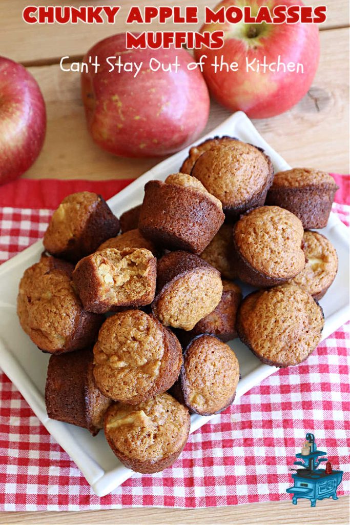 Chunky Apple Molasses Muffins | Can't Stay Out of the Kitchen | #ChunkyAppleMolassesMuffins is a #vintage-style down-home #recipe that's perfect to #spice up your day! These lovely #muffins include chunks of #apple, #molasses and #cinnamon providing texture & flavor that's hard to beat. Terrific for a weekend, company or #holiday #breakfast or #brunch. #AppleMuffins #BreakfastMuffins #MolassesMuffins