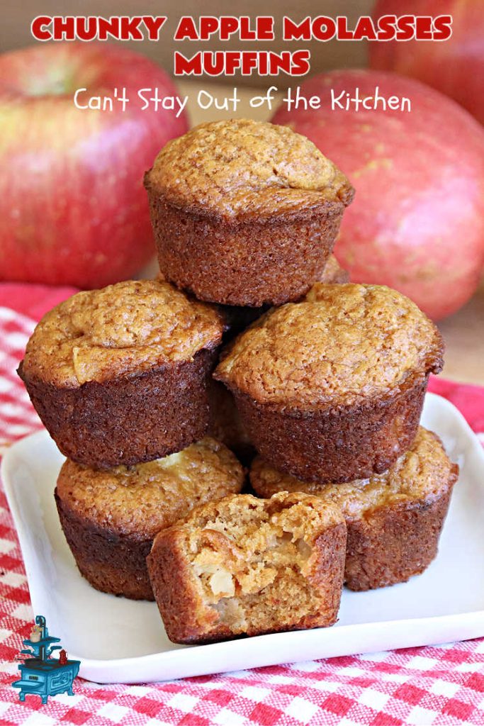 Chunky Apple Molasses Muffins | Can't Stay Out of the Kitchen | #ChunkyAppleMolassesMuffins is a #vintage-style down-home #recipe that's perfect to #spice up your day! These lovely #muffins include chunks of #apple, #molasses and #cinnamon providing texture & flavor that's hard to beat. Terrific for a weekend, company or #holiday #breakfast or #brunch. #AppleMuffins #BreakfastMuffins #MolassesMuffins