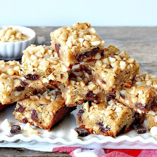 Chunky Blond Brownies | Can't Stay Out of the Kitchen | these are our favorite #brownies. They're filled with #chocolate chunks, vanilla chips & #macadamianuts. Terrific for potlucks, summer #BBQs or #holidays like #FourthofJuly. Everyone loves them! #dessert #cookie