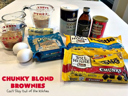 Chunky Blond Brownies | Can't Stay Out of the Kitchen | these are our favorite #brownies. They're filled with #chocolate chunks, vanilla chips & #macadamianuts. Terrific for potlucks, summer #BBQs or #holidays like #FourthofJuly. Everyone loves them! #dessert #cookie