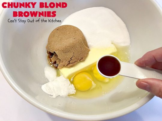 Chunky Blond Brownies | Can't Stay Out of the Kitchen | these are our favorite #brownies. They're filled with #chocolate chunks, vanilla chips & #macadamianuts. Terrific for potlucks, summer #BBQs or #holidays like #FourthofJuly. Everyone loves them! #dessert #cookie