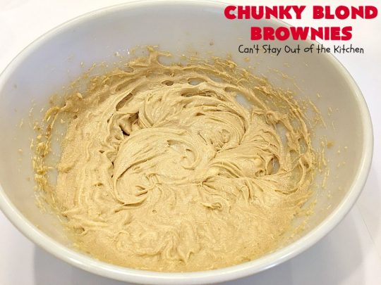 Chunky Blond Brownies | Can't Stay Out of the Kitchen | these are our favorite #brownies. They're filled with #chocolate chunks, vanilla chips & #macadamianuts. Terrific for potlucks, summer #BBQs or #holidays like #FourthofJuly. Everyone loves them! #dessert #cookie