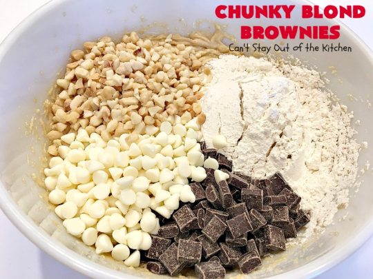 Chunky Blond Brownies | Can't Stay Out of the Kitchen | these are our favorite #brownies. They're filled with #chocolate chunks, vanilla chips & #macadamianuts. Terrific for potlucks, summer #BBQs or #holidays like #FourthofJuly. Everyone loves them! #dessert #cookie