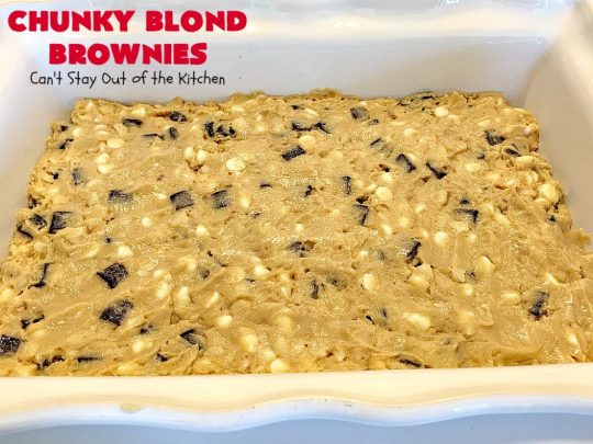 Chunky Blond Brownies | Can't Stay Out of the Kitchen | these are our favorite #brownies. They're filled with #chocolate chunks, vanilla chips & #macadamianuts. Terrific for potlucks, summer #BBQs or #holidays like #FourthofJuly. Everyone loves them! #dessert #cookie