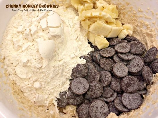 Chunky Monkey Brownies | Can't Stay Out of the Kitchen | these ooey, gooey #brownies are filled with #chocolate baking melts, #chocolatechips and #bananas. They are beyond amazing. #dessert #cookie