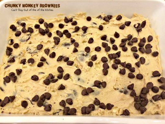 Chunky Monkey Brownies | Can't Stay Out of the Kitchen | these ooey, gooey #brownies are filled with #chocolate baking melts, #chocolatechips and #bananas. They are beyond amazing. #dessert #cookie