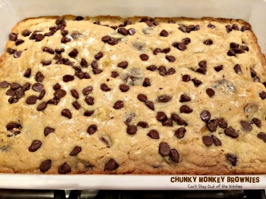 Chunky Monkey Brownies | Can't Stay Out of the Kitchen | these ooey, gooey #brownies are filled with #chocolate baking melts, #chocolatechips and #bananas. They are beyond amazing. #dessert #cookie