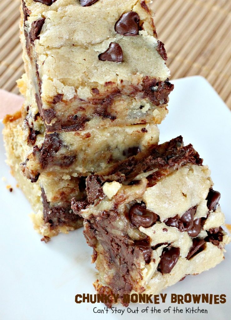 Chunky Monkey Brownies | Can't Stay Out of the Kitchen | these ooey, gooey #brownies are filled with #chocolate baking melts, #chocolatechips and #bananas. They are beyond amazing. #dessert #cookie