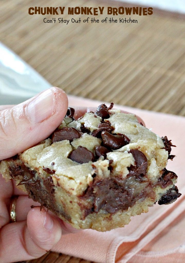 Chunky Monkey Brownies | Can't Stay Out of the Kitchen | these ooey, gooey #brownies are filled with #chocolate baking melts, #chocolatechips and #bananas. They are beyond amazing. #dessert #cookie