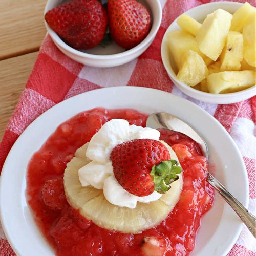 Church Jello | Can't Stay Out of the Kitchen | this lovely #CongealedSalad uses only 4 ingredients! It's so easy to toss together and everyone always loves it. Great for #holiday picnics, potlucks & #BackyardBarbecues. #strawberries #bananas #pineapple #JellO #GlutenFree #StrawberryJello #FruitSalad #ChurchJello