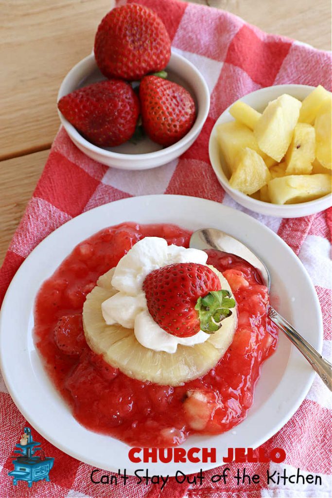 Church Jello | Can't Stay Out of the Kitchen | this lovely #CongealedSalad uses only 4 ingredients! It's so easy to toss together and everyone always loves it. Great for #holiday picnics, potlucks & #BackyardBarbecues. #strawberries #bananas #pineapple #JellO #GlutenFree #StrawberryJello #FruitSalad #ChurchJello