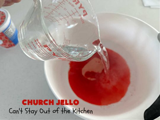 Church Jello | Can't Stay Out of the Kitchen | this lovely #CongealedSalad uses only 4 ingredients! It's so easy to toss together and everyone always loves it. Great for #holiday picnics, potlucks & #BackyardBarbecues. #strawberries #bananas #pineapple #JellO #GlutenFree #StrawberryJello #FruitSalad #ChurchJello