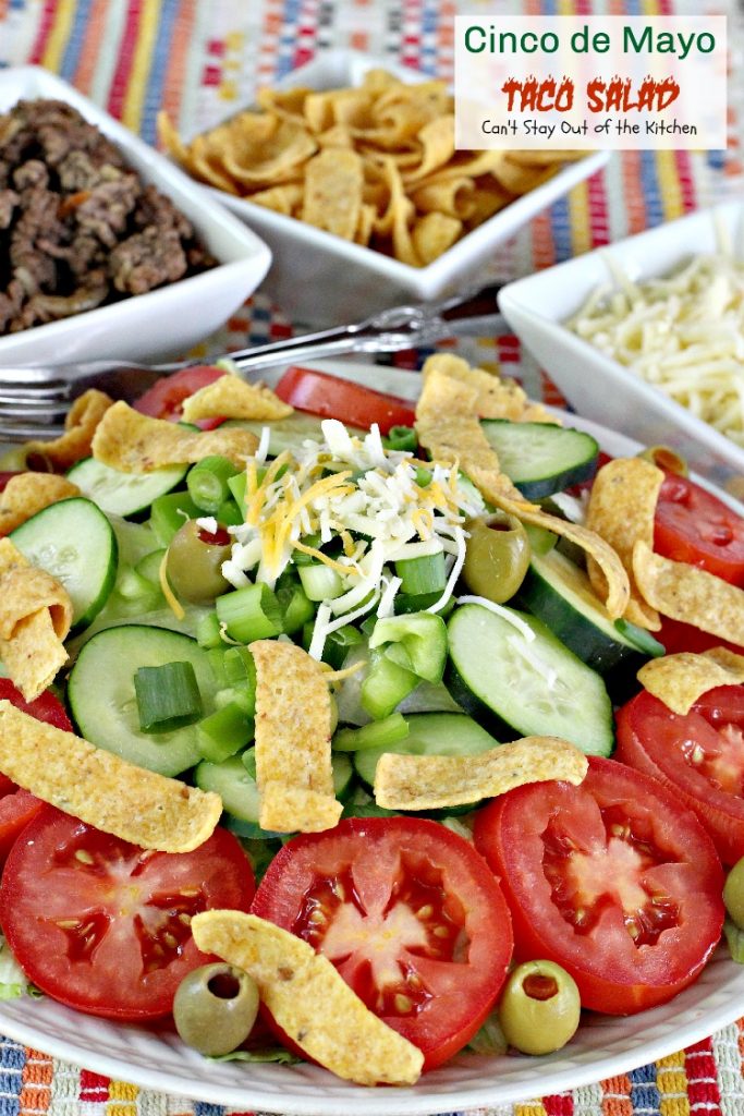 Cinco de Mayo Taco Salad | Can't Stay Out of the Kitchen | wonderful #Tex-Mex #salad with delicious southwest flavor. Great for #CincodeMayo. #cheese #groundbeef #Fritos
