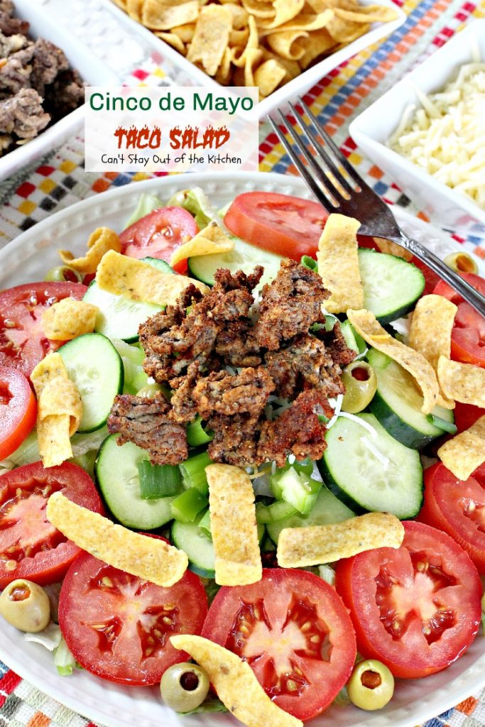 Cinco de Mayo Taco Salad | Can't Stay Out of the Kitchen | wonderful #Tex-Mex #salad with delicious southwest flavor. Great for #CincodeMayo. #cheese #groundbeef #Fritos