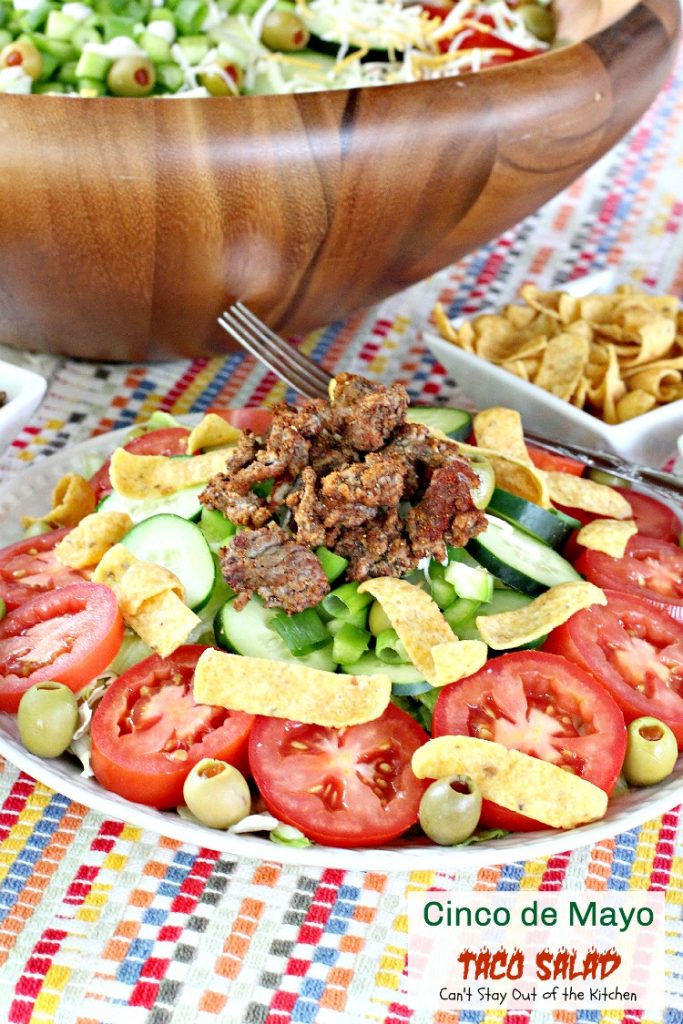 Cinco de Mayo Taco Salad | Can't Stay Out of the Kitchen | wonderful #Tex-Mex #salad with delicious southwest flavor. Great for #CincodeMayo. #cheese #groundbeef #Fritos