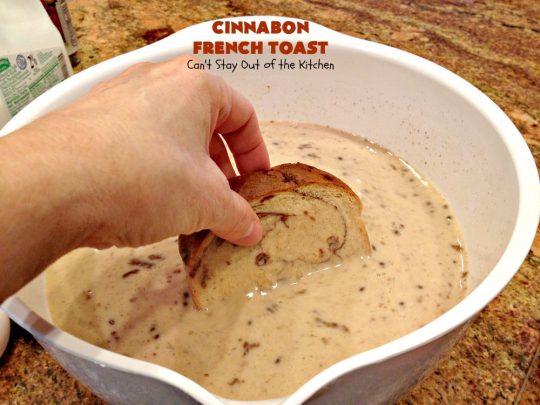 Cinnabon French Toast | Can't Stay Out of the Kitchen | This fantastic #FrenchToast tastes like eating #CinnamonRolls since it's made with #CinnabonBread. It's a quick & easy #breakfast #recipe that will have you drooling from the first bite. Great for #holidays. #HolidayBreakfast #CinnabonFrenchToast #Cinnabon #KidFriendly #ThanksgivingBreakfast #ChristmasBreakfast #NewYearsBreakfast #FavoriteFrenchToast #cinnamon