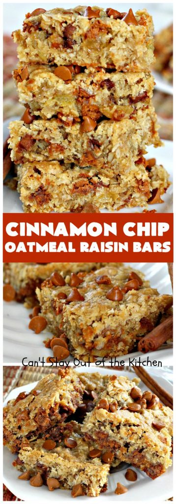 Cinnamon Chip Oatmeal Raisin Bars | Can't Stay Out of the Kitchen | these fantastic #cookies are the ultimate in #OatmealRaisinCookies. They're filled with golden #raisins, #Oatmeal & loads of #CinnamonChips. They're super rich so they'll cure any sweet tooth craving you have. #CinnamonDessert #OatmealRaisinDessert #tailgating #cinnamon #ChristmasCookieExchange #brownie #CinnamonChipOatmealRaisinBars