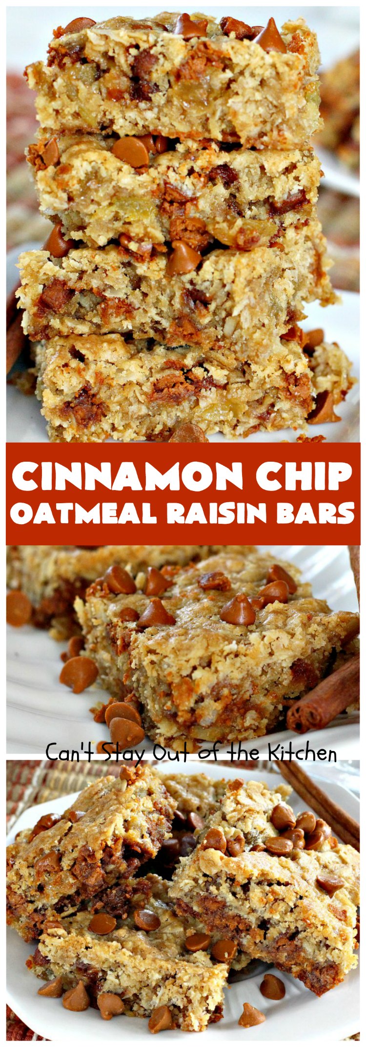 Cinnamon Chip Oatmeal Raisin Bars | Can't Stay Out of the Kitchen | these fantastic #cookies are the ultimate in #OatmealRaisinCookies. They're filled with golden #raisins, #Oatmeal & loads of #CinnamonChips. They're super rich so they'll cure any sweet tooth craving you have. #CinnamonDessert #OatmealRaisinDessert #tailgating #cinnamon #ChristmasCookieExchange #brownie #CinnamonChipOatmealRaisinBars
