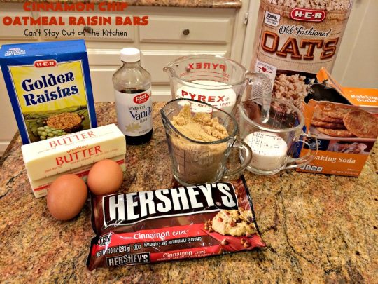 Cinnamon Chip Oatmeal Raisin Bars | Can't Stay Out of the Kitchen | these fantastic #cookies are the ultimate in #OatmealRaisinCookies. They're filled with golden #raisins, #Oatmeal & loads of #CinnamonChips. They're super rich so they'll cure any sweet tooth craving you have. #CinnamonDessert #OatmealRaisinDessert #tailgating #cinnamon #ChristmasCookieExchange #brownie #CinnamonChipOatmealRaisinBars