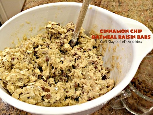 Cinnamon Chip Oatmeal Raisin Bars | Can't Stay Out of the Kitchen | these fantastic #cookies are the ultimate in #OatmealRaisinCookies. They're filled with golden #raisins, #Oatmeal & loads of #CinnamonChips. They're super rich so they'll cure any sweet tooth craving you have. #CinnamonDessert #OatmealRaisinDessert #tailgating #cinnamon #ChristmasCookieExchange #brownie #CinnamonChipOatmealRaisinBars