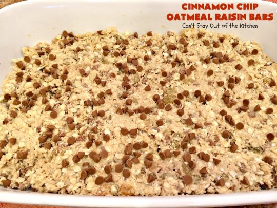 Cinnamon Chip Oatmeal Raisin Bars | Can't Stay Out of the Kitchen | these fantastic #cookies are the ultimate in #OatmealRaisinCookies. They're filled with golden #raisins, #Oatmeal & loads of #CinnamonChips. They're super rich so they'll cure any sweet tooth craving you have. #CinnamonDessert #OatmealRaisinDessert #tailgating #cinnamon #ChristmasCookieExchange #brownie #CinnamonChipOatmealRaisinBars