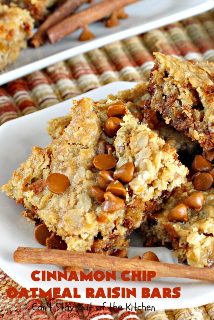 Cinnamon Chip Oatmeal Raisin Bars | Can't Stay Out of the Kitchen | these fantastic #cookies are the ultimate in #OatmealRaisinCookies. They're filled with golden #raisins, #Oatmeal & loads of #CinnamonChips. They're super rich so they'll cure any sweet tooth craving you have. #CinnamonDessert #OatmealRaisinDessert #tailgating #cinnamon #ChristmasCookieExchange #brownie #CinnamonChipOatmealRaisinBars